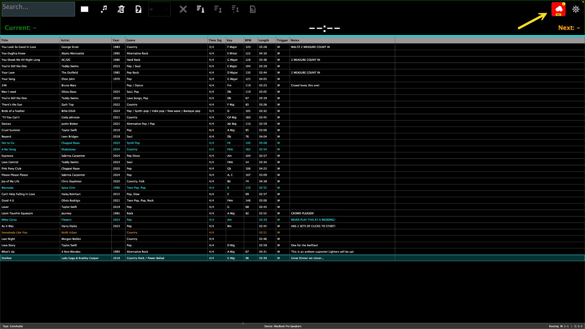 TrackFlow library view showing full track metadata