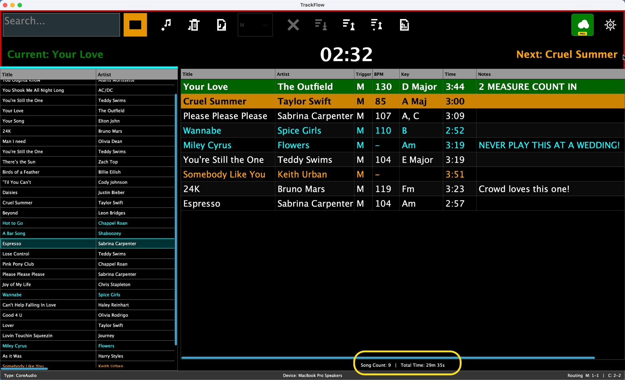 TrackFlow in action during a live show — show list, library, real-time countdown