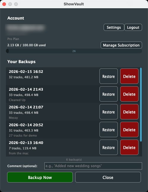 ShowVault backup history